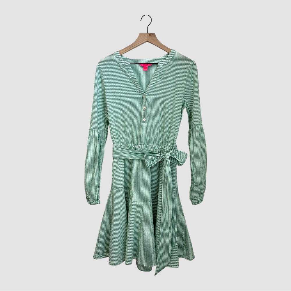 Lilly Pulitzer Women Green Striped Long Sleeve Elastic Waist Belted Dress Size 6